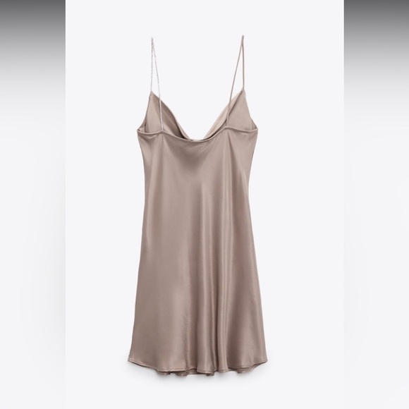 NEW ZARA Silky Satin Taupe Cowl Neck Mini Slip Dress Rhinestone Strap Fit&Flare - Picture 4 of 11